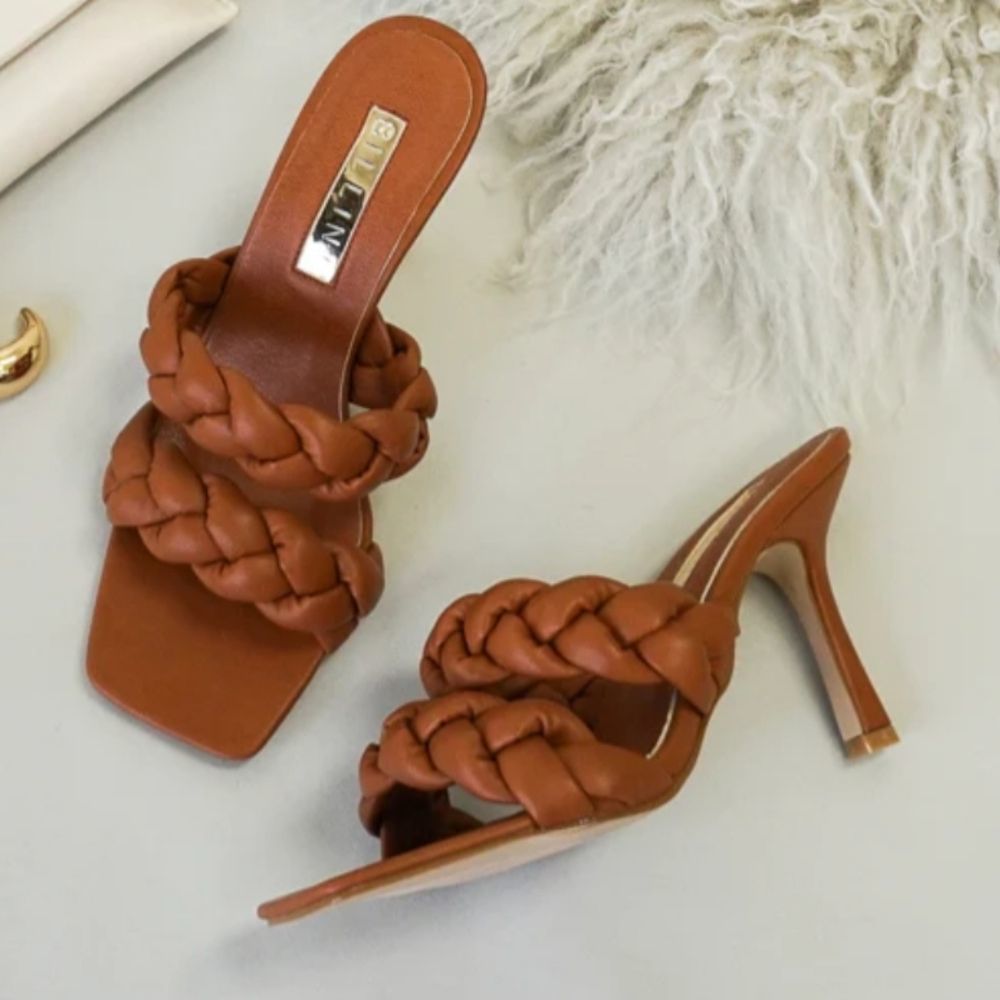Billini double braid tan square toe Shelby mule heel sandals sz 8